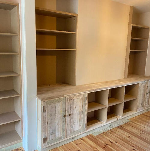 Storage with worktop and handmade doors Storage with worktop and handmade doors